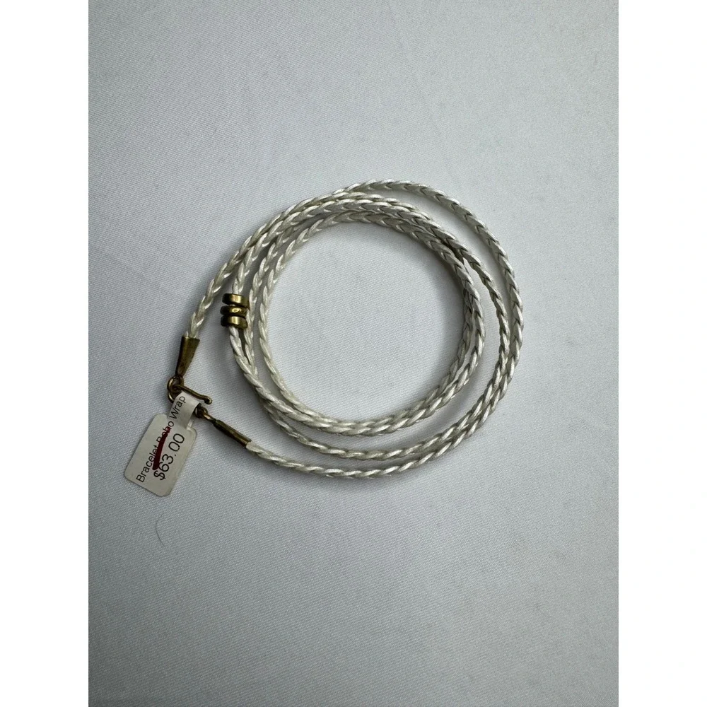 Boho Braided Wrap Bracelet Ivory White Cord Antique Brass Hardware Multi Strand